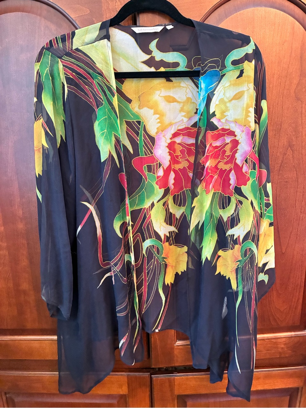Soft Surroundings artsy boho navy Sheer Floral Kimono open front L/XL